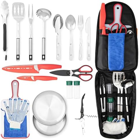 Camping Utensils Set, 21pcs Camp Cooking Kit with BBQ Tools, Knife Set & Spice Kit – Heat-Resistant Cutting Board, Dishwasher-Safe Cutlery for Outdoor, Hiking, Backpacking