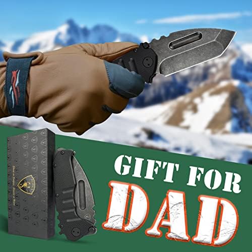 AUBEY Folding Pocket Knife with Tanto Tumbled 440C Steel Blade, Frame Lock, Black G10 Handle, Clip, Glass Breaker, Heavy Duty EDC Knife for Men Hunting, Magic Axe