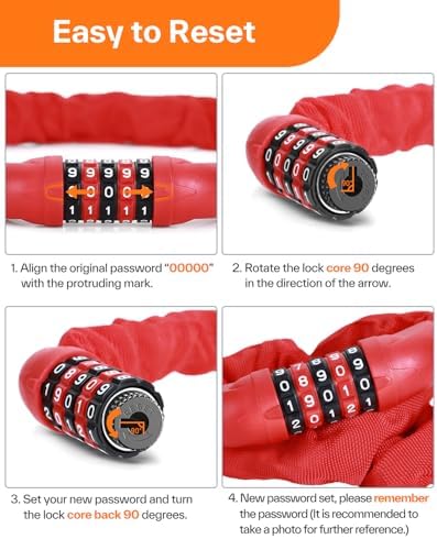 Sportneer Bike Lock: 5 Digit Combination High Security Anti Theft Bike Chain Lock - 3.2/3.6/4ft Heavy Duty Keyless Bicycle Lock for Bike, Motorcycle, Scooter, Door & Gate - 4/6mm Thick, Easy to Use