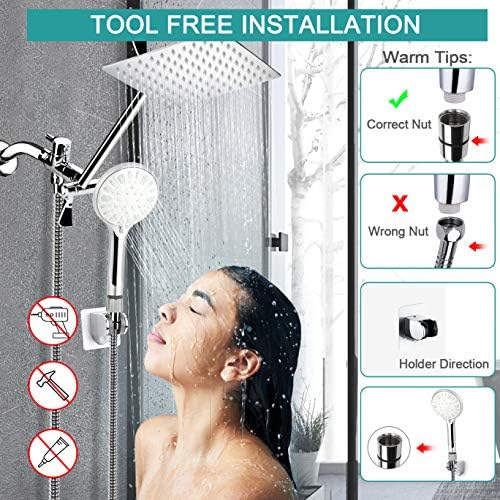 Shower Head, 12 Inch High Pressure Rainfall Shower Head/Handheld Shower Combo with 11 Inch Extension Arm, 9 Settings Adjustable Anti-leak Shower Head with Holder/Hose, Height/Angle Adjustable