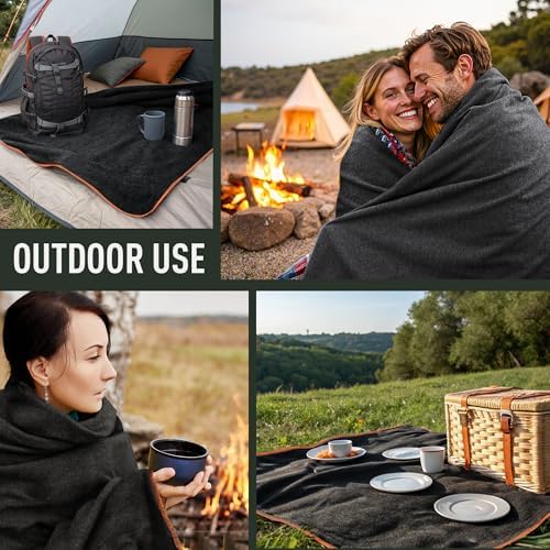 Large Military Wool Blanket - Warm & Thick Emergency Survival Blanket Great for Camping, Outdoors, Sports Events, Picnics, 4.5 lbs, 64" x 88" (Charcoal)