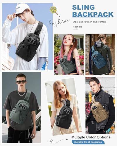 SEAFEW Black Sling Crossbody Bag for Men Women, Tactical Backpack Shoulder Daypack Mini Anti-Theft Cross Body Motorcycle Chest Bags, Small One Strap Fanny Back Pack for Casual Travel Hiking Sport Gym