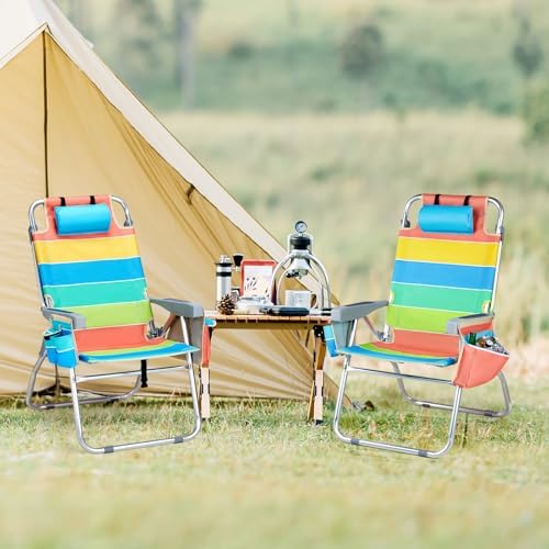 VINGLI Tall Beach Chair 2 Pack, with 5-Position, Cooler Bag, Cup Holders, Towel Bar, Lightweight Folding Beach Camping Chairs for Adults