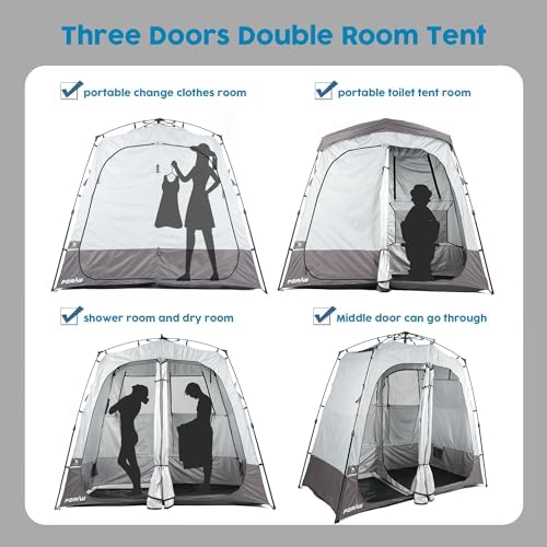 Camping Shower Tent Deluxe Changing Room Easy Set Up Privacy Shelter,Large Toilet Tent 2 Rooms with Floor Drain Design for Beach, Camping,Hiking with Stakes and Ropes for Stability