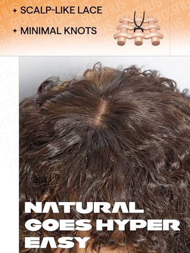 GORGIUS Highlight Brown Curly Wig with Bangs Glueless Synthetic Bang Wigs with Realistic Scalp Put On ang Go Beginner Friendly 20 Inch