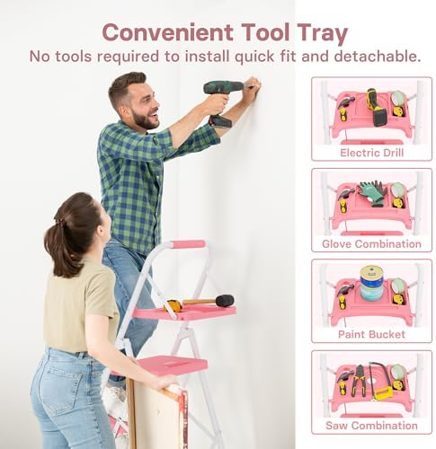 BONTEC 4-Step Ladder, 400lbs Max Load, Folding Step Stool with Tool Tray, Anti-Slip Pedals, Sturdy Steel, Lightweight Portable Ladder with Handrail for Home & Work Use, Pink