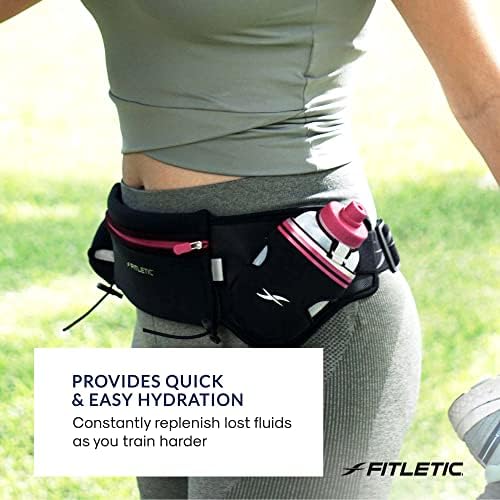 Fitletic Hydration Running Belt with Water Bottles for Men & Women – 2 Quick Flow 8oz Running Water Bottles, Patented Bounce Free Design, Water Resistant Pouch Fits All Phones – Hydra 16