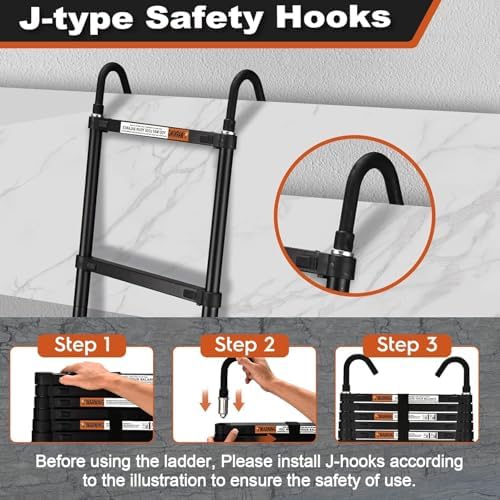 Telescoping Ladder, SocTone 12.5 FT Aluminum Lightweight Extension Ladder with 2 Triangle Stabilizers, Heavy Duty 330lbs Max Capacity, Collapsible Ladder with Hooks for RV or Outdoor Work