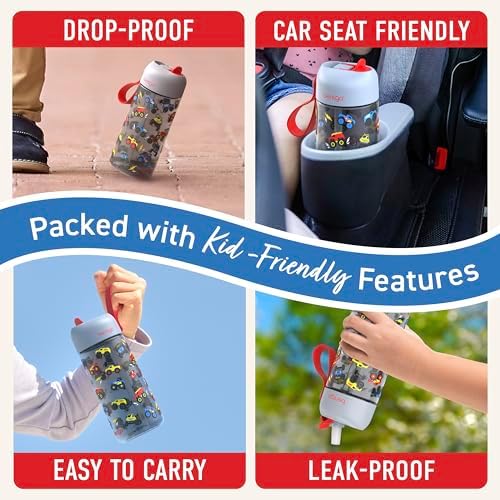 Bentgo Kids Water Bottle - Leak-Proof, Durable Tritan, BPA-Free 15 oz. Cup for Kids/Toddlers Ages 3+, Safe Sip Spout, Carrying Handle, & Dishwasher Safe for School, Sports, Daycare & Camp (Trucks)