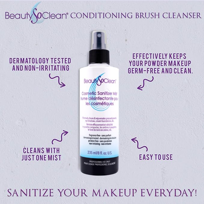 Beautysoclean Cosmetic Sanitizer Mist - (8.0 oz.) Makeup Sanitizing Spray for Powder-based Makeup Palettes & Pressed Cream Foundations, Bronzers, Concealers, Blushes, Eyeshadows.
