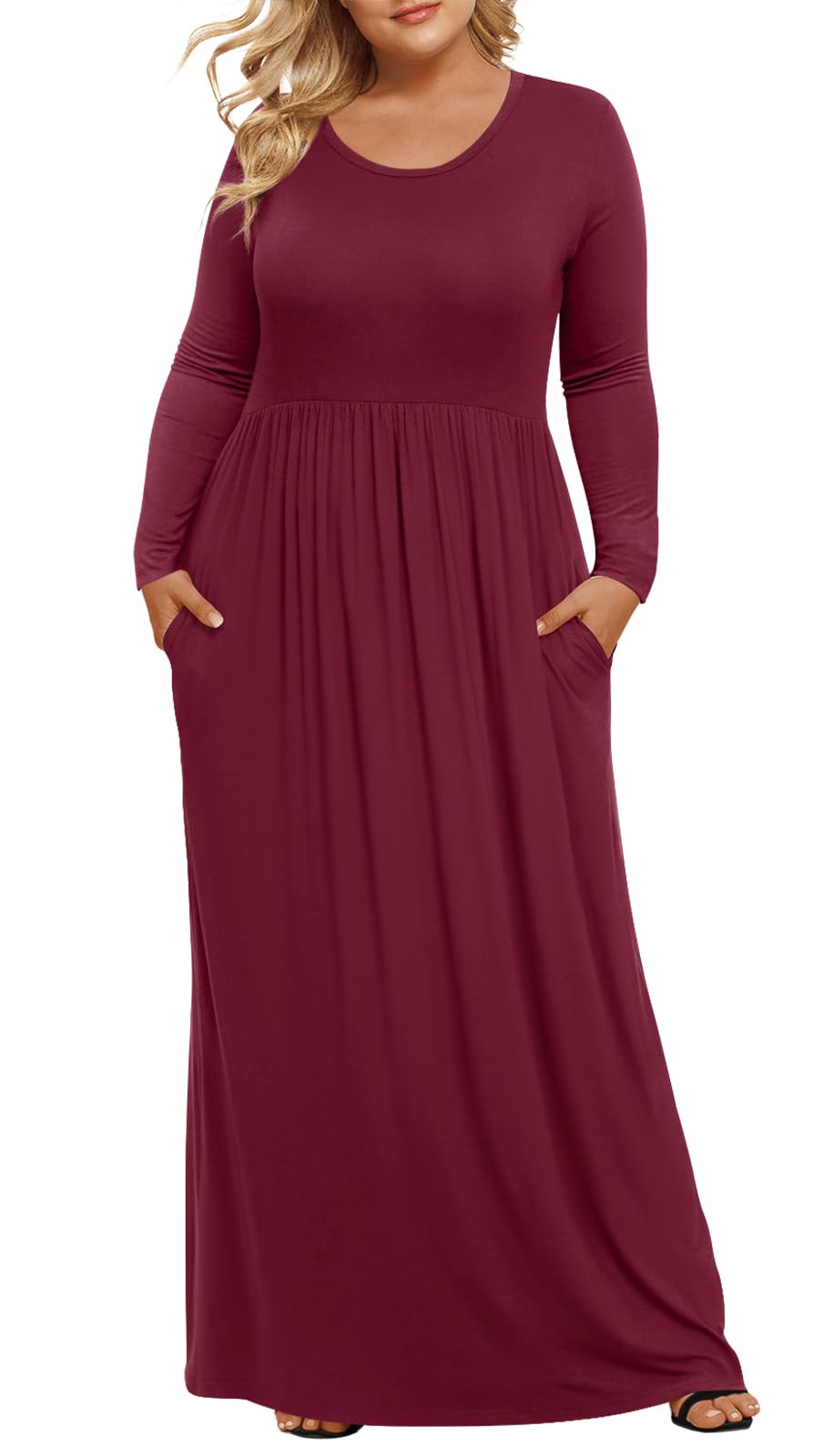 LONGYUAN Women Plus Size Dresses Christmas Casual Long Sleeve Comfy Maternity Dress with Pockets Burgundy 2XL