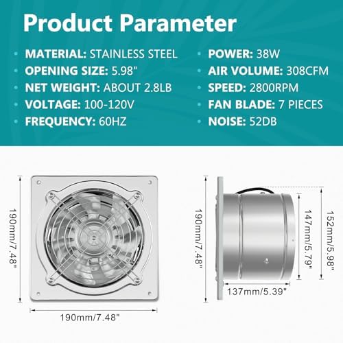 HG Power 6 Inch Exhaust Fan: Kitchen Exhaust Fans with Power Cord Attic vent Fan with Damper Wall Small Fume Extractor Ventilation Fan for Shop Chicken Coop Basement Smoking Room Garage Silver