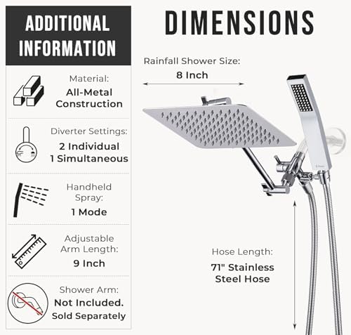 G-Promise All Metal 8 Inch Dual Square Shower Head with Handheld Spray Combo, Rain Shower Head, Adjustable Extension Arm, Smooth 3-Way Diverter, 71 Inch Extra Long Hose - A Bathroom Upgrade (Chrome)