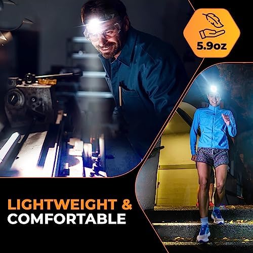 Foxelli Ultra Bright Rechargeable Headlamp – 18650 Battery, IPX7 Waterproof, 1200 Lumen LED Light for Work & Outdoors, with Battery & Hooks - Perfect for Hard Hat or Helmet
