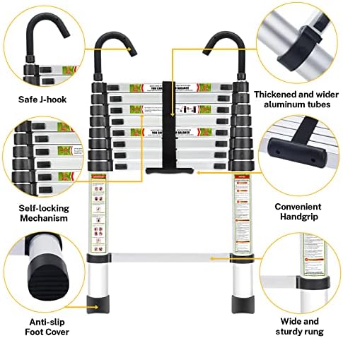 Telescopic Ladder, 8.5FT RIKADE Aluminum Telescoping Ladder with Non-Slip Feet and Stable Hook, Portable Extension Ladder for Household and Outdoor Working, 330lb Capacity