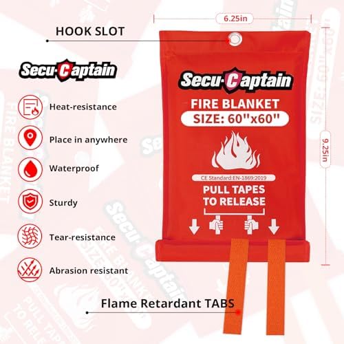 SecuCaptain Emergency Fire Blanket for Home - 60"x60" X-Large Flame Retardant Blankets with Fireproof Tabs for House Camping Kitchen Fire Protection Survival Safety 1 Pack