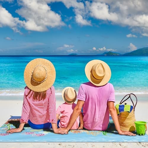 Beach Blanket Waterproof Sandproof Large Beach Mat 83" X 106" for 3-5 Adults Sand Free Mat Quick Drying,Lightweight & Durable with 4 Stakes & 4 Corner Pockets for Beach Camping