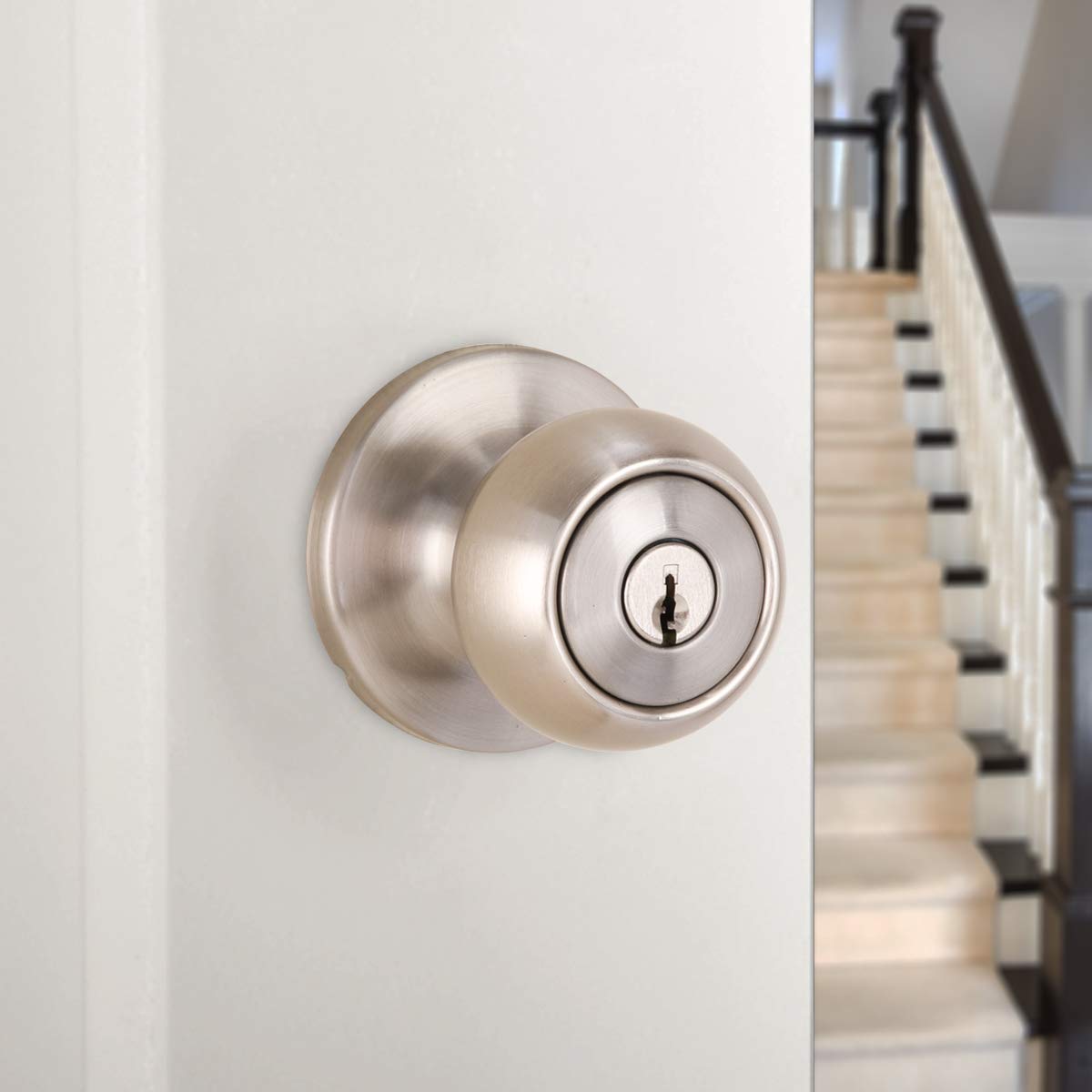 Amazon Basics Exterior Door Knob With Lock, Coastal, Easy to Install, 2 Keys, Satin Nickel
