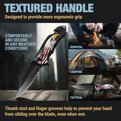 Patriotic Legal Pocket Knife Bald Eagle - 2.95” Serrated Sharp Blade - Small Tactical Knives with US American Flag for Men Dad - Best Folding Tool - Gifts for Him - Mens Birthday Gift Ideas 6680 E