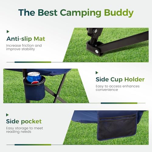 ALPHA CAMP Oversized Folding Camping Chairs High Backrest Heavy Duty Lawn Chairs for Adults Support 500 LBS Portable Camp Chairs with Cup Holders Large Side Pocket for Outdoor