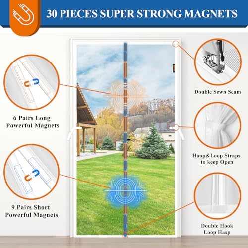 MAGZO Magnetic Screen Door, 32'' x 80'', High-Density Fiber Mesh Net Curtain Scratch-Proof, Pet Friendly, Annoying Creatures-Resistant, Magnets for Sliding Glass/Patio/Single/Front/Back Doors, White