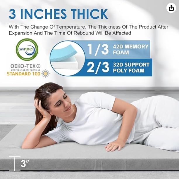 Kingfun Memory Foam Camping Sleeping Pad, CertiPUR-US Camping Mattress Waterproof Roll Up Mattress Guest Bed, Thick Floor Sleeping Mat for Car Truck Tent for Adults with Travel Bag