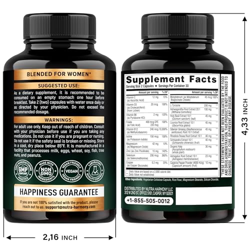 Thyroid Support for Women - Astragalus | Selenium 200 mcg | Zinc & Iodine | L-Tyrosine | Adaptogen Herbs - 21-in-1 Antioxidant & Immune Support - Vegan, Non-GMO, Lab Tested - 60 Capsules, Made in USA
