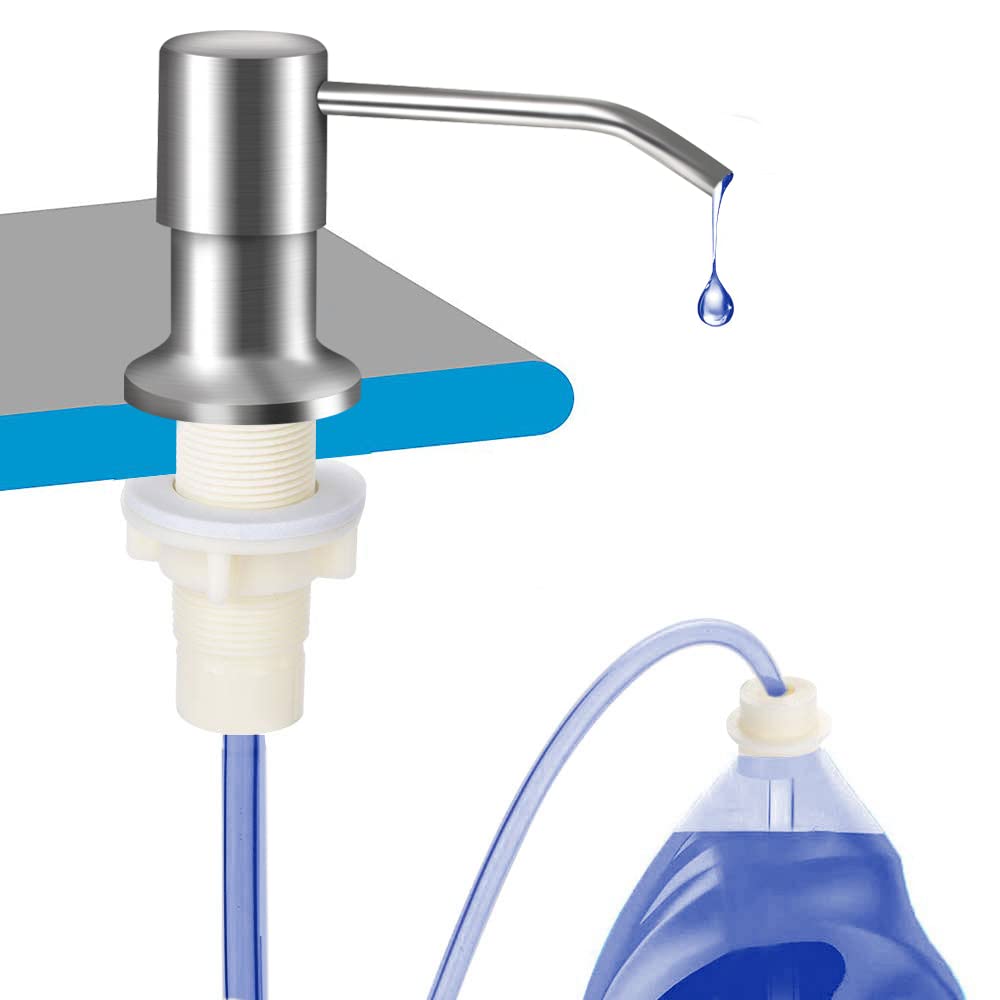 OHiHi Dish Soap Dispenser for Kitchen Sink (Brushed Nickel), Countertop Sink Soap Dispenser Water Pump with 47” No-Spill Extension Tube Kit Design for Kitchen Bathroom, No More Refills (Sliver)
