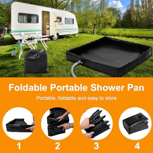 Upgraded Portable Shower Pan 41" x 41" x 5" with Mesh Storage Bag, Foldable Camping Shower Base & Floor with Detachable Drain Pipe Ideal for Camping, RV, Outdoor, Indoor and Portable Shower Stall