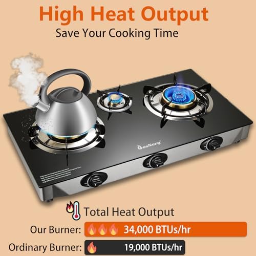 Propane Stove 3 Burner Gas Stove, 34000 BTU High-Efficiency Auto Ignition Tempered Glass LPG Cooktop with CSA Regulator and Hose – for Outdoor Camping, RV, and Emergency Cooking