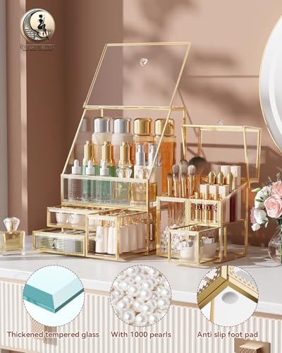 CoralHouse Clear Makeup Organizer with Gold Frame – Countertop Vanity Organizer for Skincare, Lipsticks, Perfume & Brushes – Bathroom Cosmetic Storage Display Box