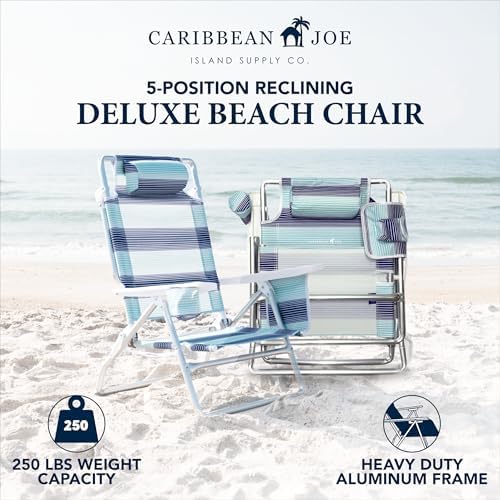 Caribbean Joe Folding Beach Chair, 5 Position Lightweight, Portable Reclining Outdoor Camping Chair with Headrest, Shoulder Strap, and Cup Holder, Horizon Stripe