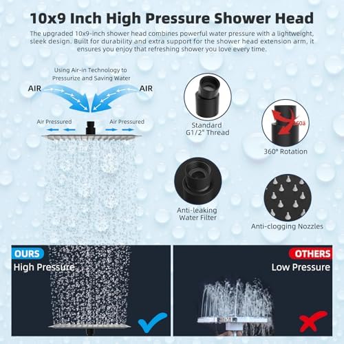 Hibbent All Metal 10'' Rainfall Shower Head, Dual Shower Head Combo, High Pressure Handheld Shower Wand, 16'' Adjustable Arc-shaped Shower Extension Arm, 71'' Hose, Showerhead Holder, Matte Black