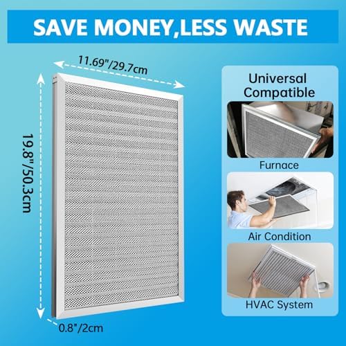 UBeesize 12x20x1 Air Filter HVAC AC Furnace Filter,MERV 8,Reusable Washable, Lasts a Lifetime,Permanent Air Filter,Breathe Fresher,Home And Office(Actual Size:11.69x19.8x0.8Inch)