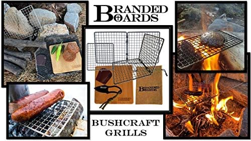 Portable Bushcraft Stainless BBQ Cooking Grill Grate, Bamboo Cutting Board, Burlap Bag, Mini Knife, Fire Starter Kits. Camping, Campfires, Backpacking, Hunting & Fishing Gear