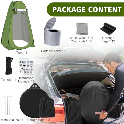 Privacy Tent & Portable Toilet for Adults Camping, 190T Oxford Cloth Outdoor Shower Tent Porta Potty Kit for Camp Travel Car Trips Toilet Bathroom Changing Room Ice Fishing Shelter and Gifts