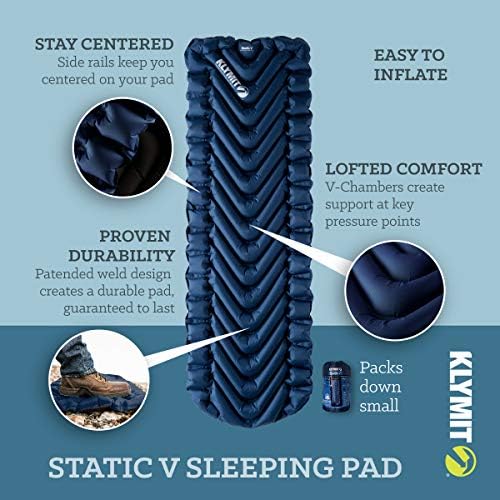 KLYMIT STATIC V Sleeping Pad, Lightweight, Outdoor Sleep Comfort, Best Camping Gear for Backpacking and Hiking, Inflatable Camping Mattress