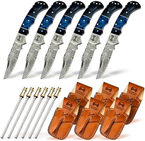 Set of 6 - Personalized Damascus Pocket Knife for Groomsmen -With Leather Sheaths - Custom Engraved Pocket Knives | Groomsman Gifts for Wedding, Groomsmen Proposal Gifts