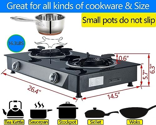 Propane Stove 2 Burner Gas Stove Auto Ignition 26000 BTU Tempered Glass Propane Burner LPG with CSA Hose for Outdoor Cooking, Emergency
