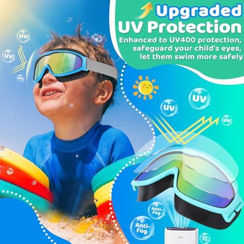 Vvinca Kids Goggles with Comfort Fabric Strap, Kids Swim Goggles Wide View Anti-Fog/UV No Leaking Swimming Goggles for 3-14