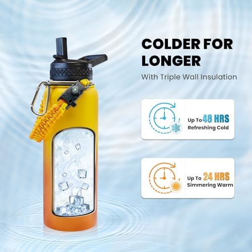 Insulated Water Bottle 40 oz, Triple Wall Vacuum Stainless Steel (Cold for 48 Hrs), Leak Proof & Non-BPA, Modern Water Flask Jug with Paracord Handle & Straw Spout Lids, Ombre Orange