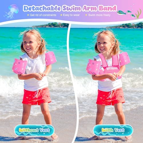 NEMONE Toddler Swim Vest for 22-70 lbs Kids Floaties Swim Jacket with Arm Water Wings for Girls Boys 2 3 4 5 6 7 Years Old Sea Beach Pool