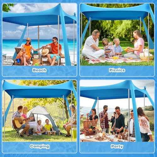 Beach Tent Canopy UPF50+ Protection, 10x10FT Beach Shade Sun Shelter Pop Up with 4 Stability Poles, Sandbags, Sand Shovels, Ground Pegs, Carrying Bag for Outdoor Family Camping Fishing Picnics