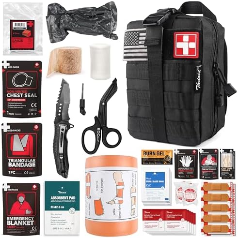 Survival First Aid Kit with Israeli Bandage, Splint, Chest Seal, Tactical Military Combat Molle IFAK for Wound Care, Bleeding Control, Trauma Hemorrhage and More