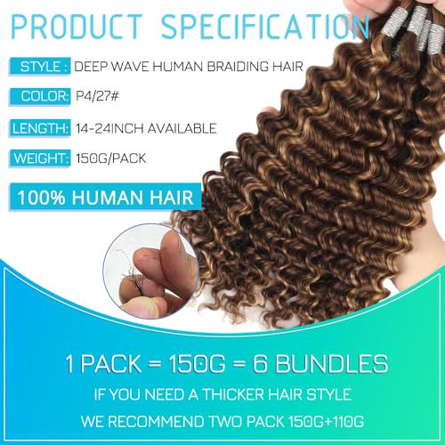 Human Braiding Hair 18 Inch 6 Bundles Human Hair Braiding Hair No Weft Deep Wave Bulk Human Hair for Braiding Hair Extensions for Boho Braids Wet and Wavy 150g P4/27#