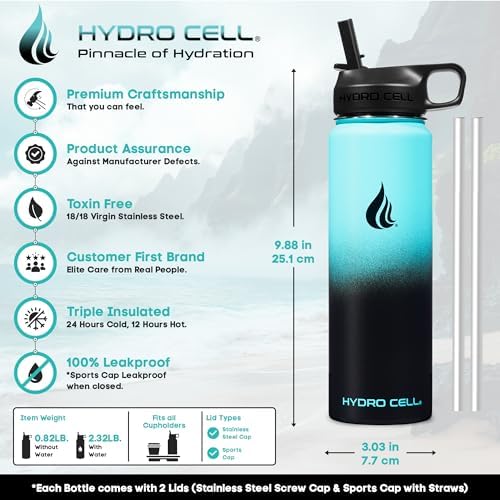 HYDRO CELL Stainless Steel Insulated Water Bottle with Straw - For Cold & Hot Drinks - Metal Vacuum Flask with Screw Cap and Modern Leakproof Sport Thermos for Adults (Teal/Black 24oz)