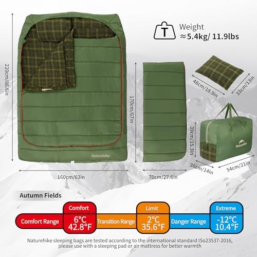 Naturehike 0 Degree and 40 Degree Flannel Two Person Sleeping Bag with Pillows for Adults, Couples & Family, Doublewide Double Sleeping Bag 2 Person for All Seasons Camping Hiking Backpacking