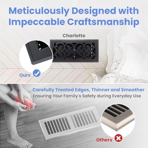 4x10 Inches Heavy Duty Walkable Floor Register Easy Adjust Air Supply Lever Floor Vents - Charlotte Design - Vent Cover for Home Floor - Matte Black