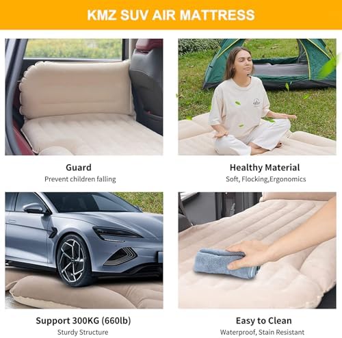 KMZ SUV Air Mattress Thickened and Double-Sided Flocking Travel Camping Bed with 2 Pillows & Electric Pump Dedicated Mobile Cushion Inflatable Bed for SUV Trunk and Rear Seat (Beige and Coffee)