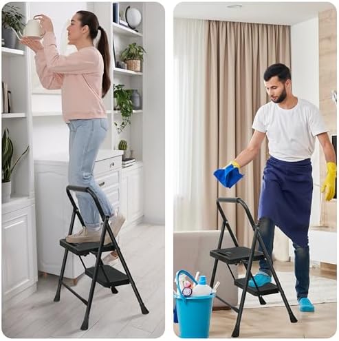 2 Step Ladder, Portable Steel Folding Step Stool with Wide Anti-Slip Pedal & Convenient Handgrip, 500lbs Sturdy Steel Ladder, Black